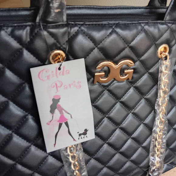 Gilda Paris Chic Black Quilted Tote with Gold Chain Accents - Picture 10 of 14